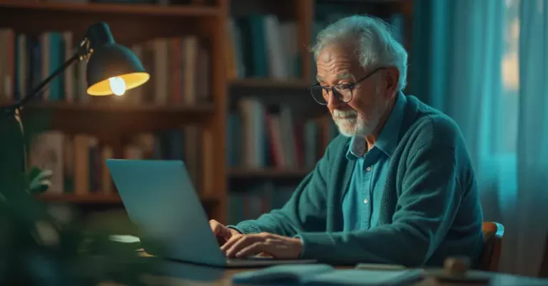 A senior person safely using a laptop in a cozy home office.