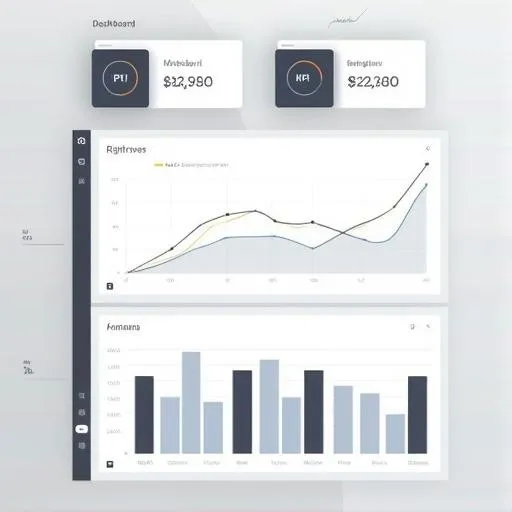 Dashboard wireframe showing KPI cards, a line chart, and a category breakdown.