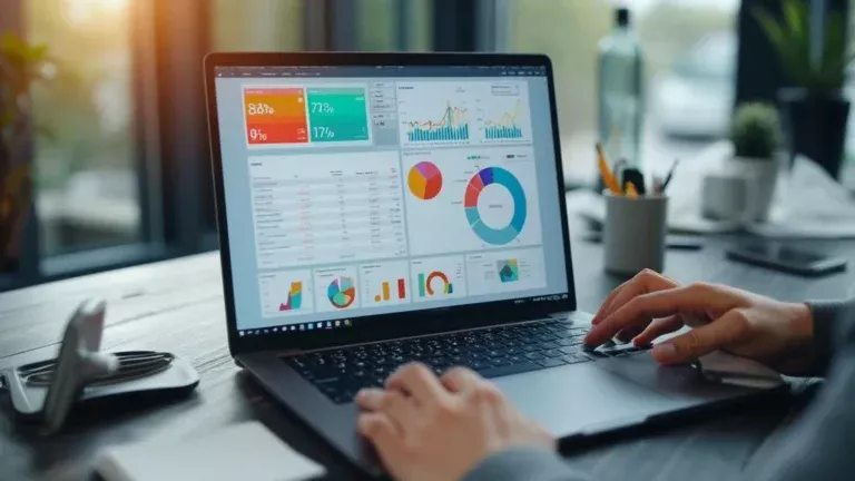 Laptop displaying a live dashboard sourced from Google Sheets via a no‑code tool in a home office setting.