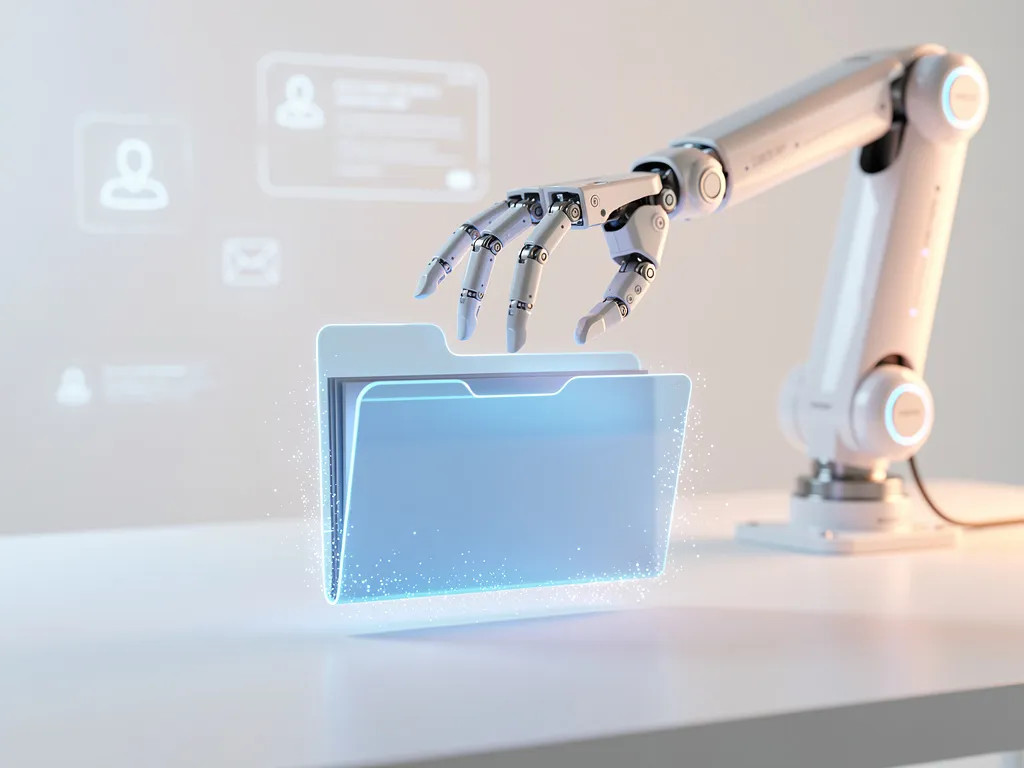 A futuristic robotic arm organizing digital files on a modern desk, representing an active AI desktop assistant.