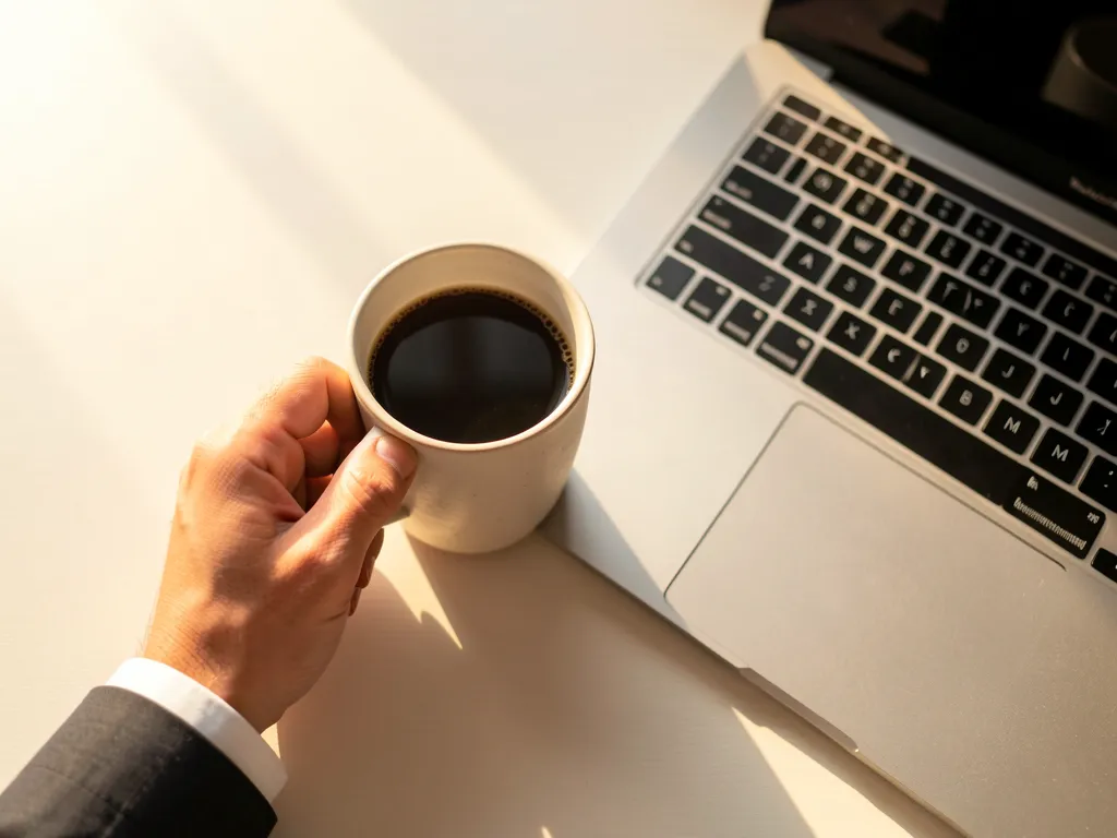 A professional holding a morning coffee next to a clean, uncluttered laptop setup bathed in warm morning sunlight
