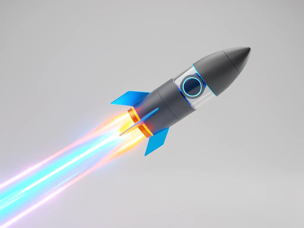 A minimalist 3D render of a futuristic rocket launching upwards, representing a massive speed and productivity boost.
