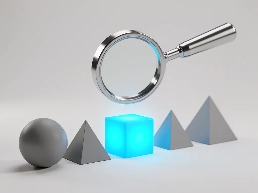 A 3D render of a magnifying glass highlighting a single glowing blue cube among a row of matte grey geometric shapes.