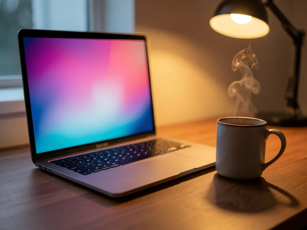 A warmly lit personal desk with a steaming mug and a laptop emitting a soft colorful glow, representing a relaxing off-the-clock environment.