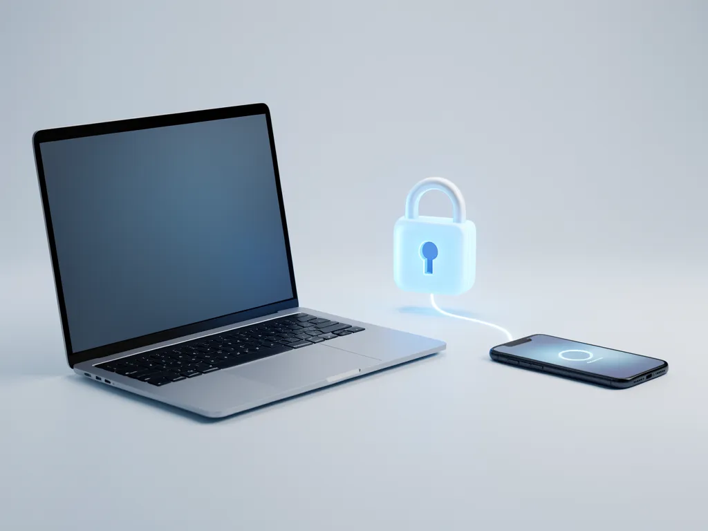 A 3D render of a laptop and smartphone connected by a glowing padlock, illustrating cross-platform password security.