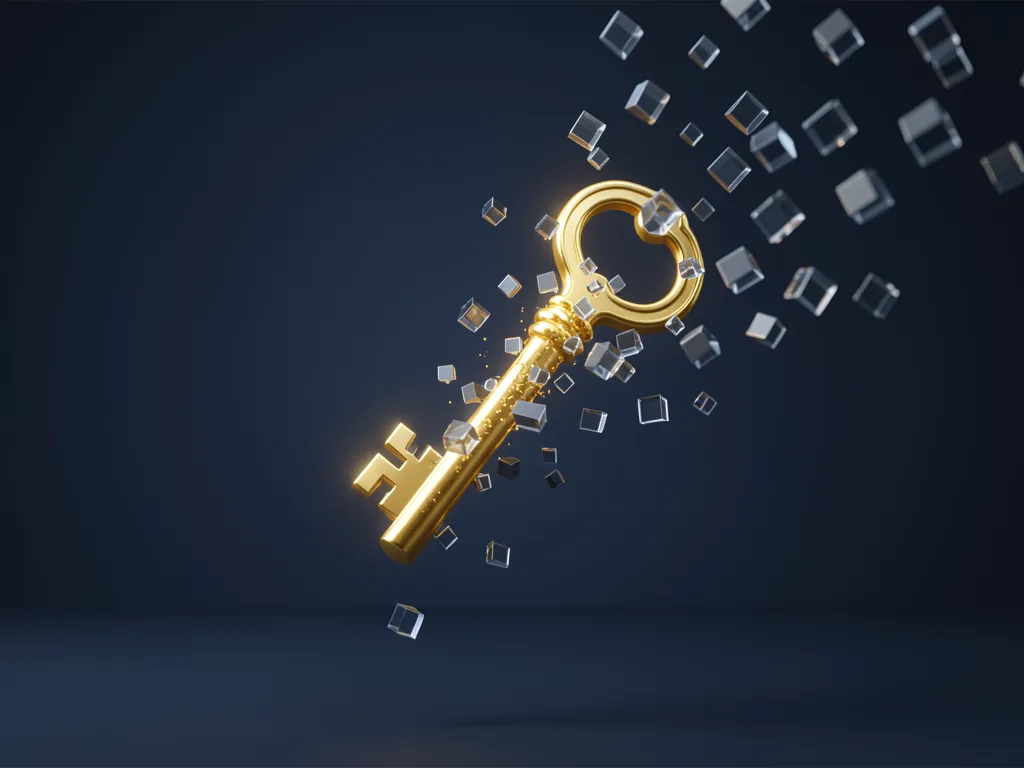 3D render of a glowing digital key dissolving into pixels, symbolizing the permanent loss of a master password
