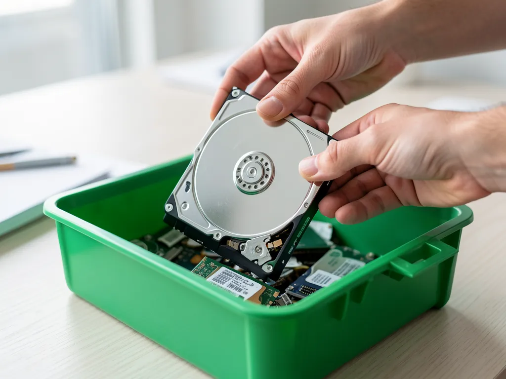 Close-up of hands placing a metal hard drive into a green electronic waste recycling tray