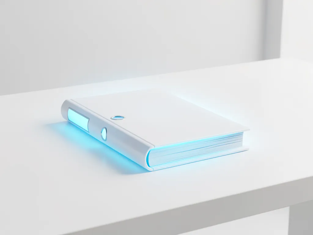 A glowing 3D-rendered manual resting on a minimal office desk, representing office automation wizardry