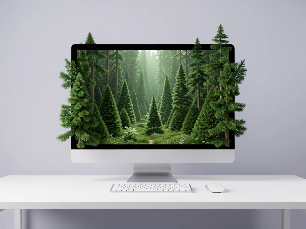 3D render of a computer monitor displaying a miniature forest popping out of the screen, representing a calming virtual desktop environment