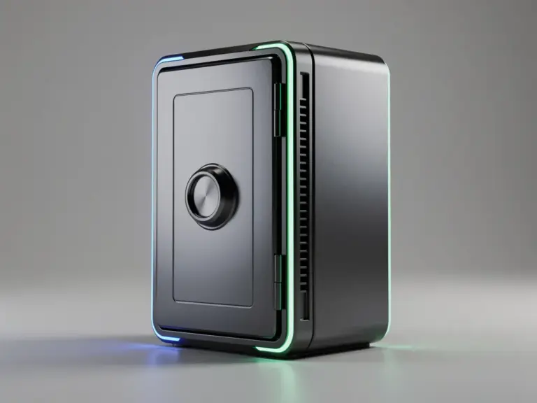 A 3D render of a highly secure steel safe integrated into a local hard drive enclosure.