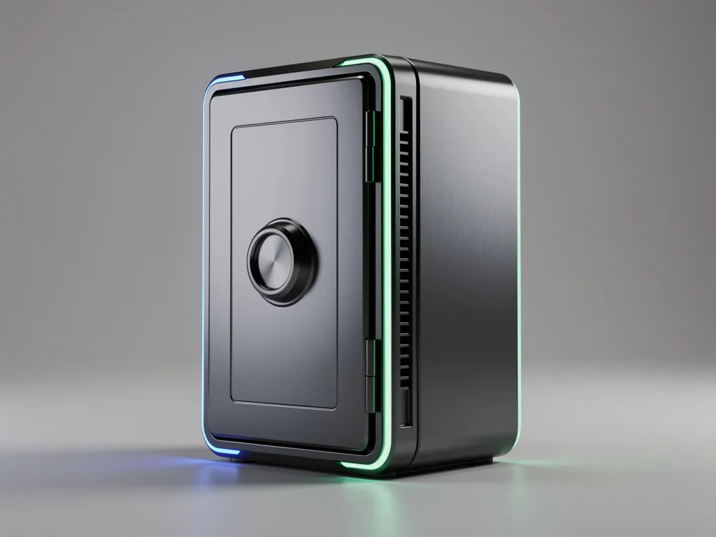 A 3D render of a highly secure steel safe integrated into a local hard drive enclosure.