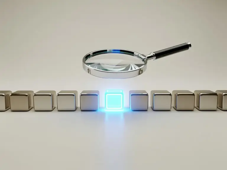 3D render of a glowing magnifying glass illuminating ordered geometric cubes, representing digital search automation and data cleaning