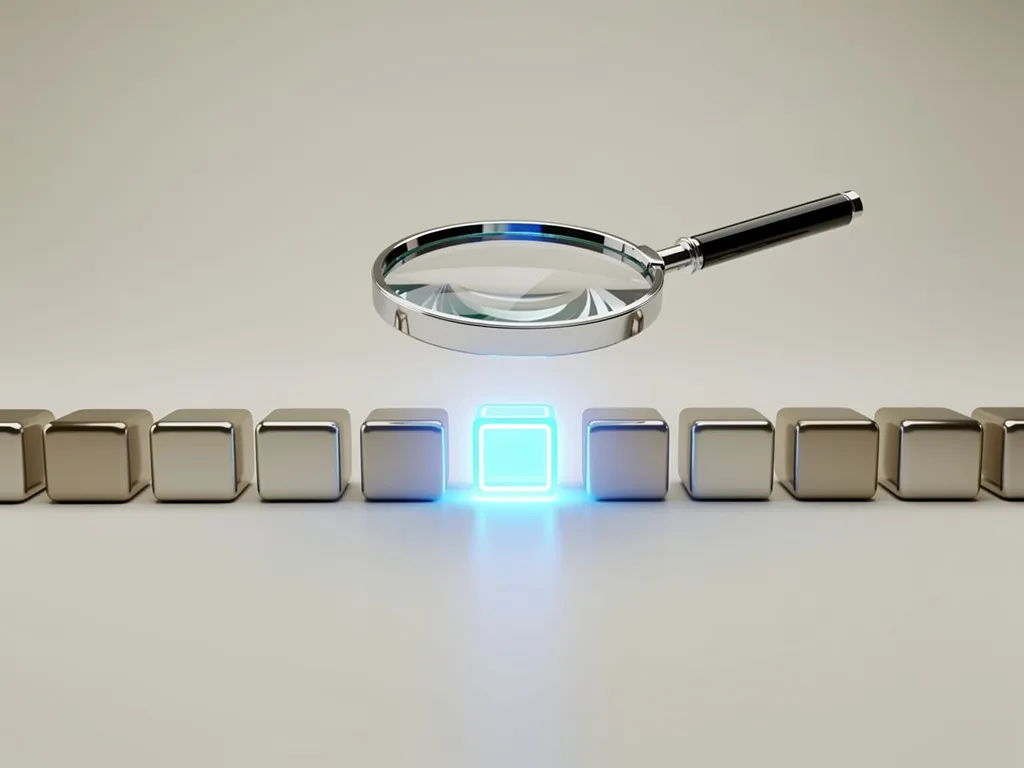 3D render of a glowing magnifying glass illuminating ordered geometric cubes, representing digital search automation and data cleaning