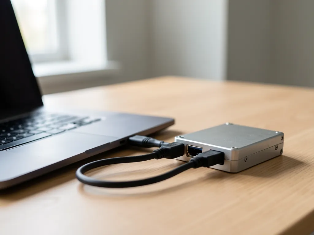 A rugged external hard drive connected to a sleek modern laptop on a wooden desk
