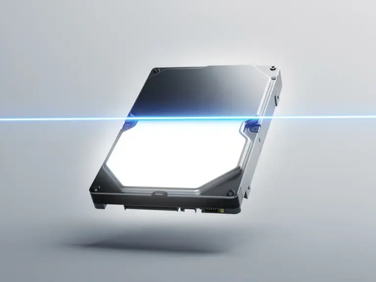 3D render of a computer hard drive being securely wiped clean by a glowing laser scanner