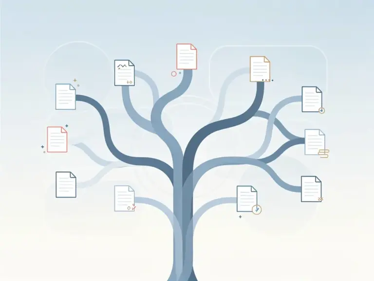 A modern flat illustration showing a branching tree structure with document icons representing different file versions, symbolizing version control and tracking changes