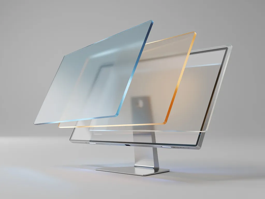 3D rendering of a computer monitor with floating translucent layers representing separated virtual workspaces for work and personal use.